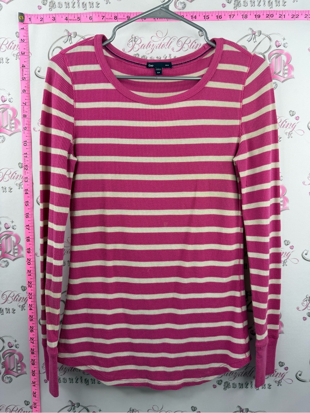 GAP thermal waffle knit Pink and Cream Striped Long Sleeve Ribbed Crewneck Top